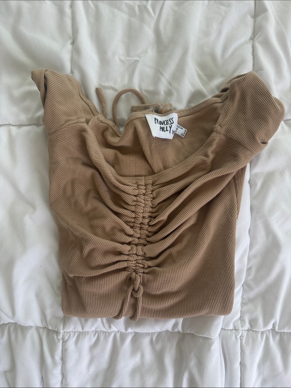 Princess Polly Ribbed Tan Ruched Long Sleeve Bodysuit